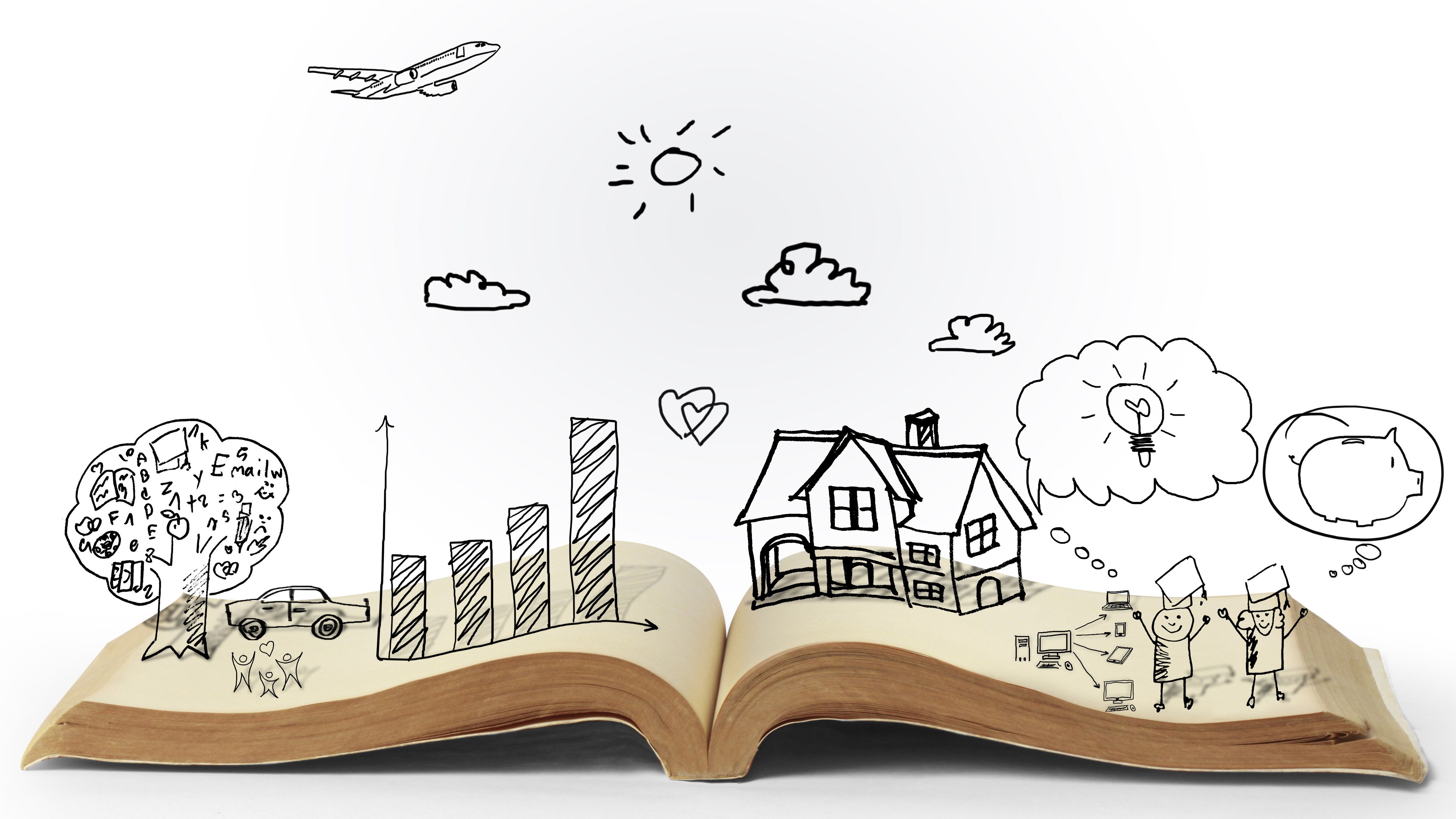 Ein aufgeschlagenes Buch, aus dem Zeichnungen kommen: ein Flugzeug, eine Sonne, Wolken ein Haus.