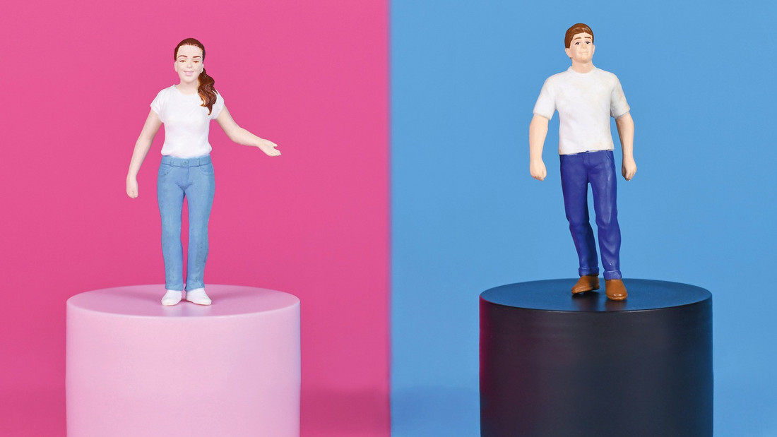 Zwei Plastikfiguren, die eine Frau und einen Mann darstellen, stehen vor einem pinken bzw. einem blauen Hintergrund.