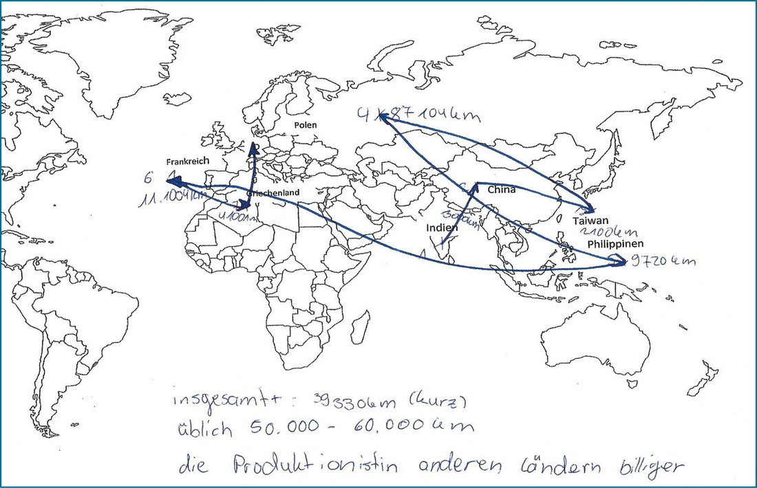 Weltkarte zur „Weltreise der Jeans“ mit eingetragenen Entfernungen