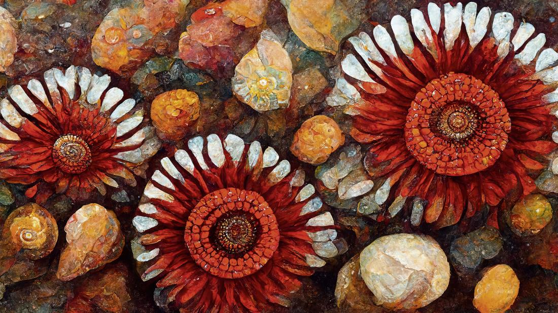 Ein Muster aus roten Steinen, das an Blüten erinnert. 
