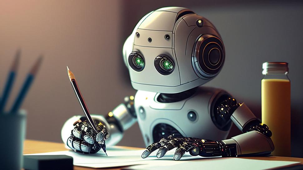 Ein Roboter, der am Schreibtisch sitzt und einen Stift hält.