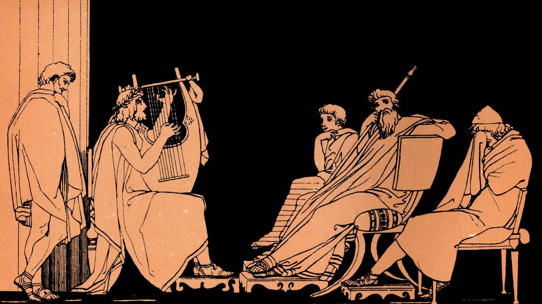 Illustration nach John Flaxman: Odysseus weint beim Lied von Demodokos