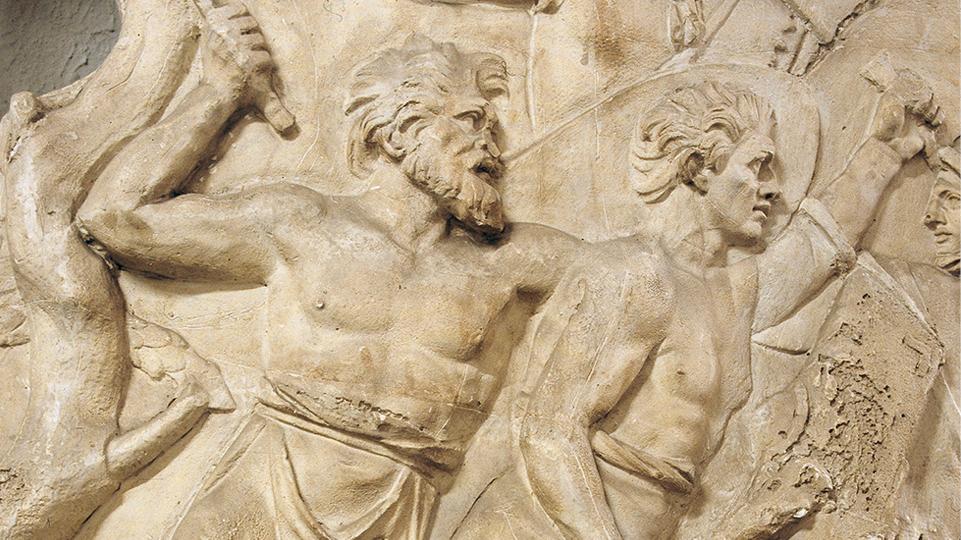 Reliefdarstellung von vermutlich germanischen Fußsoldaten auf der Trajanssäule. 113 n. Chr. 