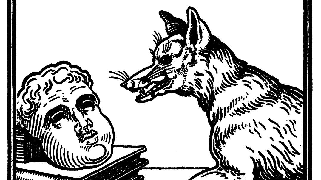Illustration zur Fabel "Der Fuchs und die Maske" von Aesop